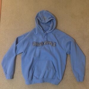 Blue graphic hoodie, “calm souls” bubble fluffy print on front, design on hood